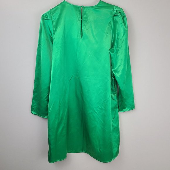 a new day Womens Mini Dress Long Sleeve Satin Green Round Neck Shift Casual M - Picture 8 of 11
